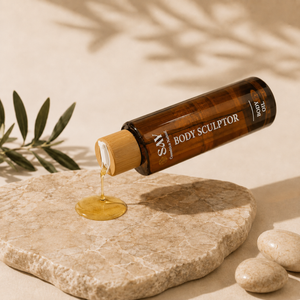 Aceite Body Sculptor vertido sobre mármol junto a una rama de olivo