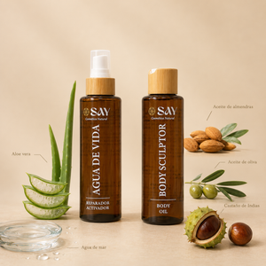 Ingredientes del Pack Body Sculptor: aloe vera, agua de mar, aceite de almendras, aceite de oliva y castaño de Indias