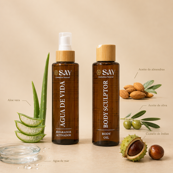 Ingredientes del Pack Body Sculptor: aloe vera, agua de mar, aceite de almendras, aceite de oliva y castaño de Indias