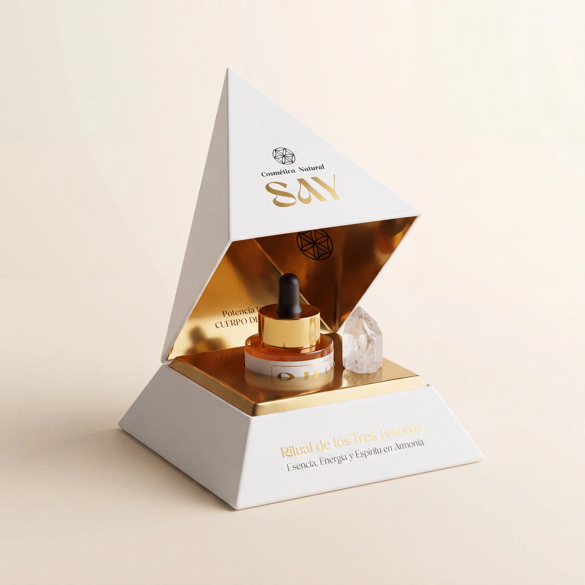 SAY Tres Tesoros · packaging pirámide abierta