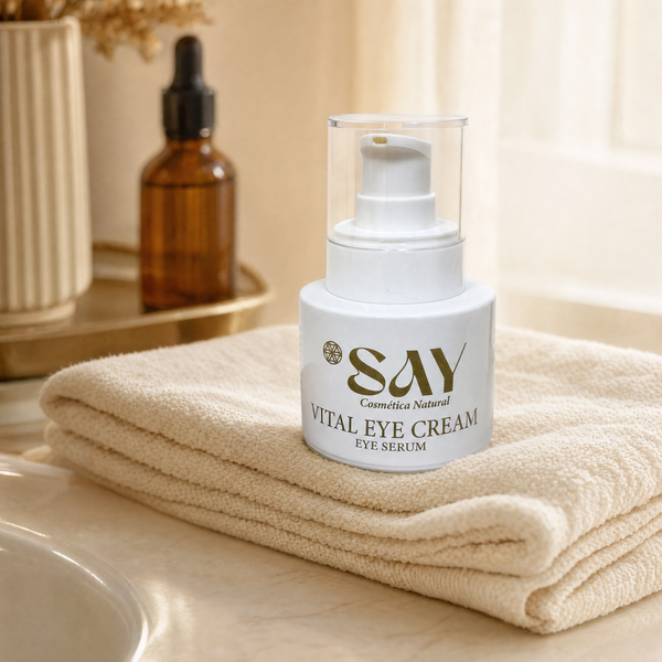 Vital Eye Cream en el tocador sobre toallas de algodon