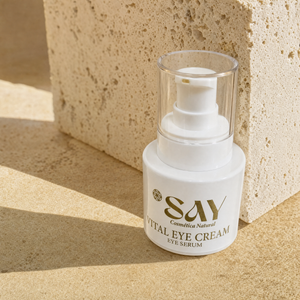 Detalle del frasco de Vital Eye Cream contra un bloque de travertino