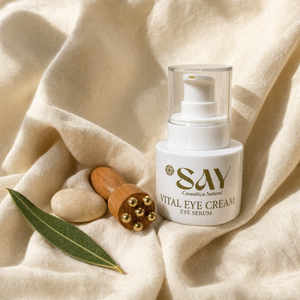 Vital Eye Cream sobre lino marfil con hoja de olivo y gua sha
