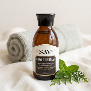 OSEO THERMAL sobre lino marfil con toalla, menta y ciprés