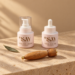 Vital Eye Cream y Vital Eye Oil con el Gua Sha sobre piedra, con hoja de olivo
