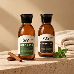 OSEO CRYO con canela y OSEO THERMAL con menta sobre piedra travertino