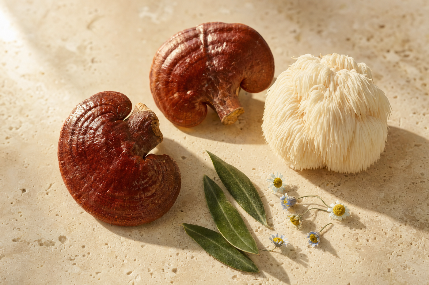 Reishi, melena de león, hoja de olivo y manzanilla sobre piedra travertino