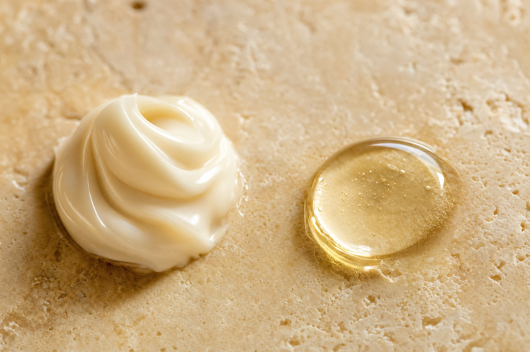 La textura en crema junto a una gota de aceite sobre piedra travertino