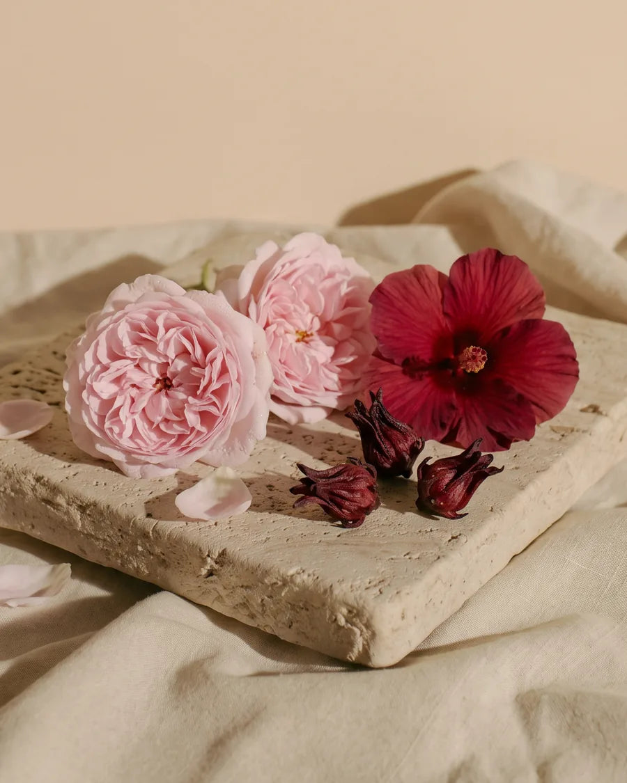 Rosa damascena e hibisco